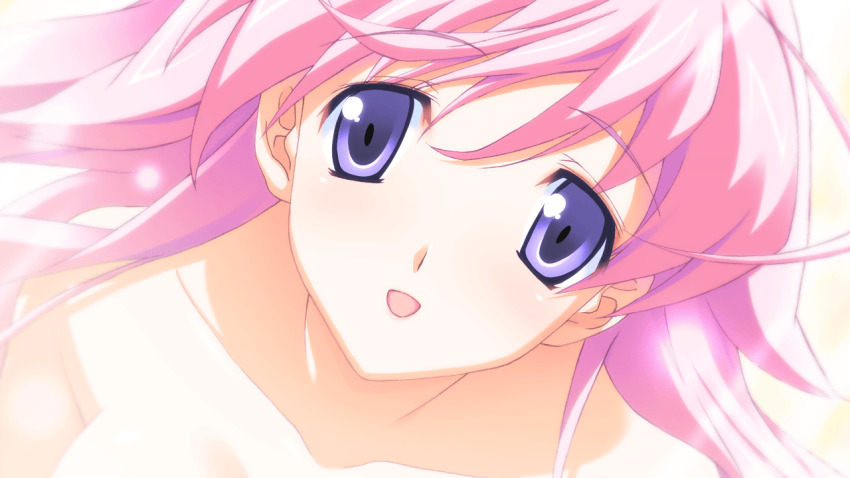 bare_shoulders blurry bokeh breasts chaos;head chaos;head_love_chu_chu! close-up collarbone completely_nude constricted_pupils depth_of_field dutch_angle game_cg hair_between_eyes large_breasts light_blush long_hair looking_at_viewer matsuo_yukihiro non-web_source nude official_art open_mouth pink_hair pink_lips seira_orgel shiny_lips shiny_skin smile swept_bangs tongue white_background
