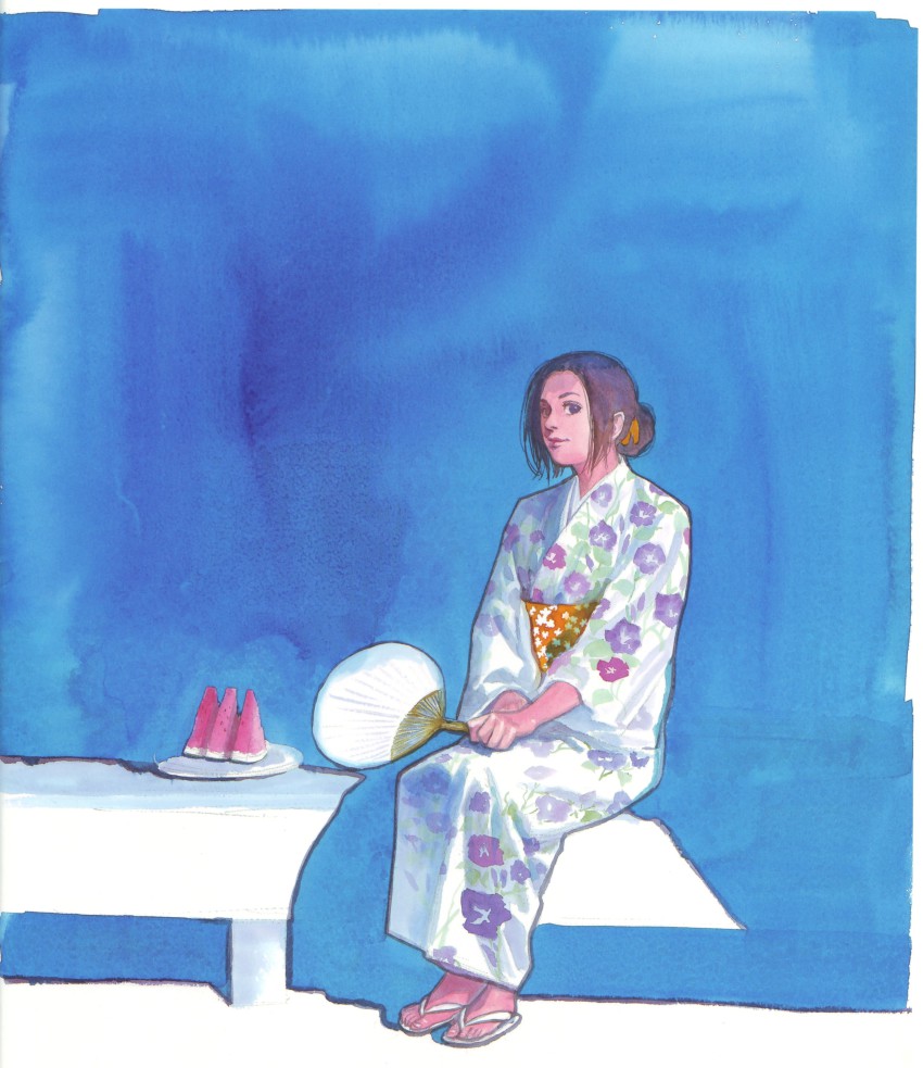 absurdres bench brown_eyes brown_hair floral_print food fruit hand_fan highres inoue_takehiko japanese_clothes kimono looking_at_viewer obi otsuu ponytail ribbon sandals sash shadow simple_background sitting smile vagabond watermelon yukata