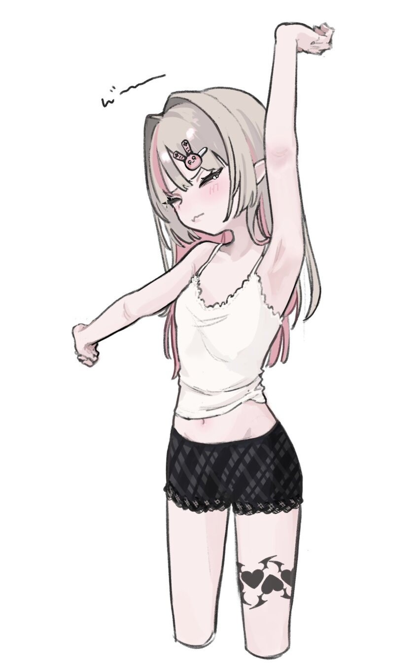1girl arm_up armpits black_shorts blush brown_hair camisole closed_eyes closed_mouth colored_inner_hair commentary cropped_legs groin hair_intakes hair_ornament hairclip highres lace-trimmed_shorts lace_trim leg_tattoo long_hair makaino_ririmu midriff multicolored_hair navel nijisanji pink_hair potepote_lp rabbit_hair_ornament short_shorts shorts simple_background solo streaked_hair stretching tattoo tears two-tone_hair virtual_youtuber white_background white_camisole winged_heart_tattoo