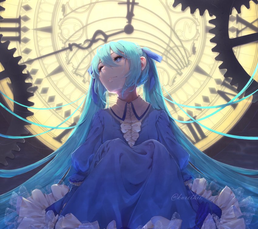 1girl aqua_hair astronomical_clock backlighting blue_dress blue_eyes chaban_capriccio_(vocaloid) clock clock_tower clockwork clockworker&#039;s_doll dress evillious_nendaiki eyelashes frill_trim frilled_dress frilled_sleeves frills gears hatsune_miku heartbeat_clocktower_(vocaloid) highres houtei_no_nushi juliet_sleeves kureihii long_hair long_sleeves looking_away looking_up master_of_the_court_(vocaloid) pale_skin puffy_sleeves roman_numeral sitting tower twintails very_long_hair victorian vocaloid zodiac