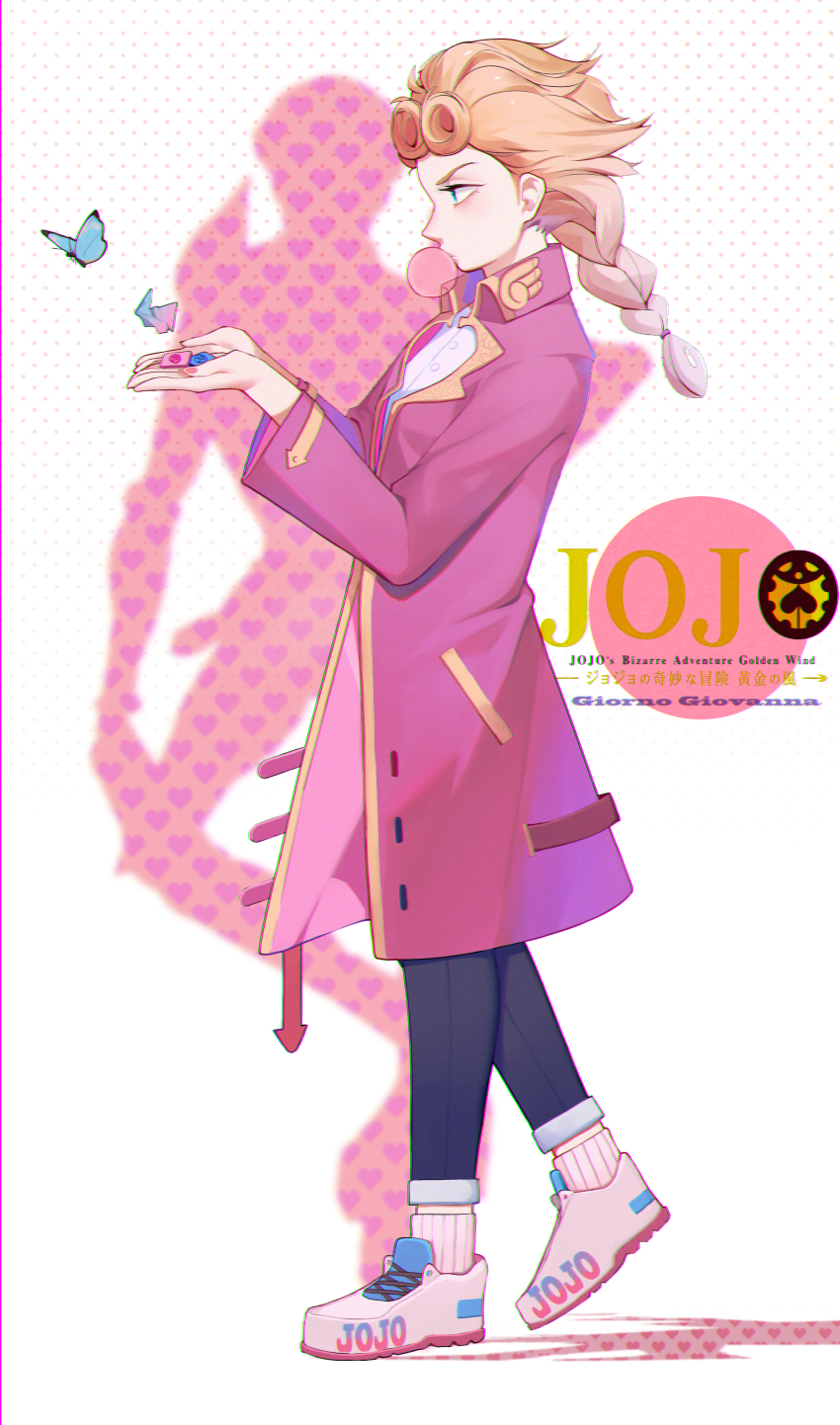 1boy 1other absurdres adapted_costume black_pants blonde_hair blue_butterfly blue_eyes braid braided_ponytail bug butterfly character_name chewing_gum chromatic_aberration coat commentary cupping_hands dimples_of_venus earrings full_body giorno_giovanna gold_experience heart high_collar highres insect jewelry jojo_no_kimyou_na_bouken ladybug logo long_hair long_sleeves male_focus own_hands_together pants pink_coat shirt shoes silhouette sneakers socks solo stand_(jojo) vento_aureo walking white_shirt white_socks wing_ornament xingchee