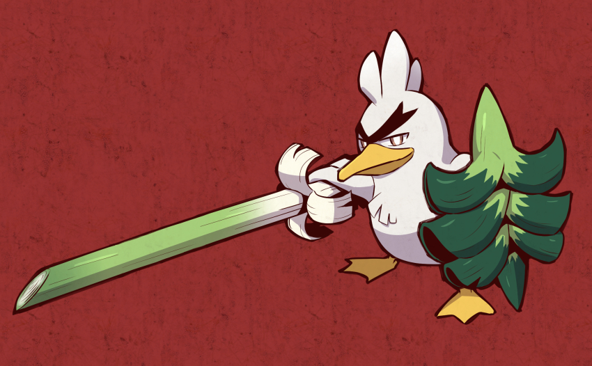 animal_focus bird brown_eyes duck gen_8_pokemon highres holding holding_shield holding_weapon naga_u nintendo no_humans pokemon pokemon_(creature) pokemon_swsh red_background shield simple_background sirfetch&#039;d solo spring_onion standing thick_eyebrows unibrow v-shaped_eyebrows weapon