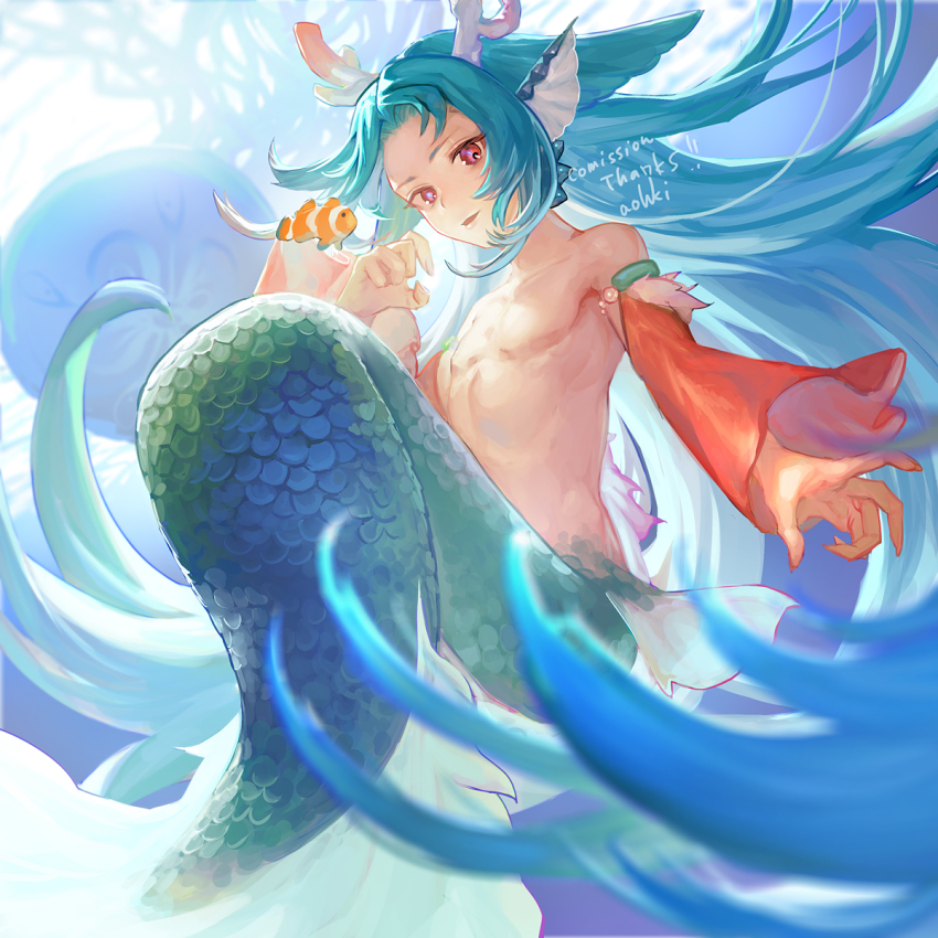 1boy animal antlers armlet artist_name bishounen blue_hair clownfish commission completely_nude detached_sleeves fingernails fins fish full_body green_scales hand_up head_fins highres horns jewelry long_hair looking_at_viewer male_focus merman monster_boy nude open_mouth original pink_eyes sand_dollar scales sharp_fingernails skeb_commission smile solo very_long_hair waterstaring