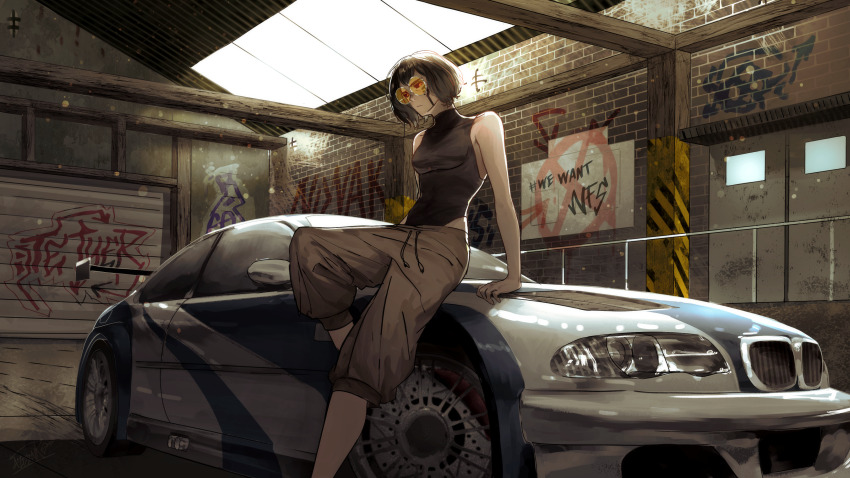 1girl absurdres black_hair black_leotard bmw bmw_3_series bmw_e46 bmw_m3 breasts brown_pants car frown garage highres indoors leotard looking_down need_for_speed need_for_speed:_most_wanted_(2005) on_car on_vehicle orange-tinted_eyewear original pants round_eyewear short_hair sitting small_breasts spindle_(aidenr0) spoiler_(automobile) tinted_eyewear vehicle_focus