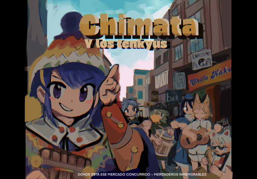6+girls blonde_hair blue_hair city cover cover_page goutokuji_mike himemushi_momoyo iizunamaru_megumu instrument kudamaki_tsukasa looking_at_viewer multiple_girls music peru playing_instrument pointing purple_eyes smile someone45356 spanish_text spiked_hair tenkyuu_chimata touhou unconnected_marketeers yamashiro_takane zun_(style)