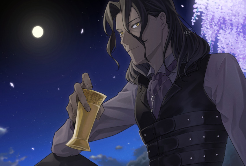 1boy black_hair dark-skinned_male dark_skin falling_petals fire_emblem fire_emblem_engage full_moon long_hair looking_at_viewer male_focus moon night night_sky nintendo petals pinkunoakuma sky smile upper_body yellow_eyes zelkov_(fire_emblem)