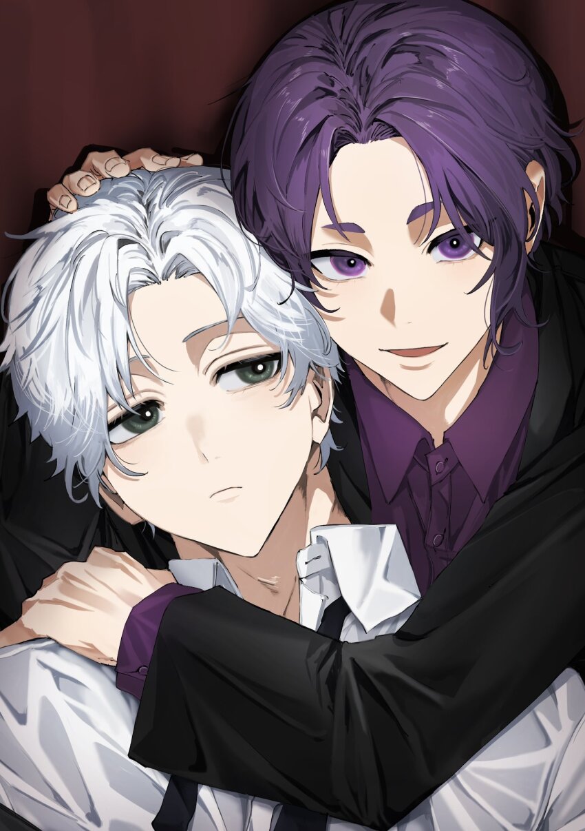 2boys black_coat blue_lock closed_mouth coat collared_shirt grey_eyes hand_on_another&#039;s_head hand_on_another&#039;s_shoulder highres long_sleeves looking_at_viewer male_focus mikage_reo multiple_boys nagi_seishirou naka_(58hrprtr) purple_eyes purple_hair purple_shirt shirt short_hair smile white_hair white_shirt yaoi