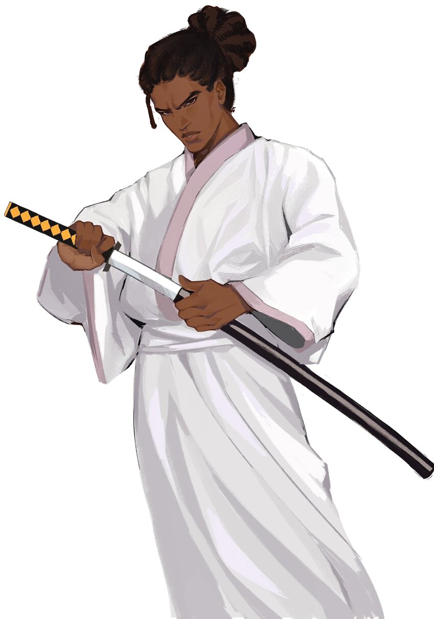 1boy alternate_hairstyle alternate_skin_color brown_eyes brown_hair commentary dreadlocks english_commentary feet_out_of_frame forehead hair_bun highres holding japanese_clothes kimono lips long_sleeves looking_at_viewer male_focus parted_lips roseflarea samurai_jack samurai_jack_(character) serious sheath simple_background single_hair_bun solo sword two-handed unsheathing updo v-shaped_eyebrows weapon white_background white_kimono wide_sleeves
