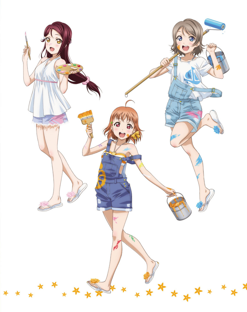 3girls :d ahoge artbook blue_eyes full_body grey_hair hair_ornament highres holding long_hair looking_at_viewer love_live! love_live!_sunshine!! multiple_girls non-web_source official_art open_mouth orange_hair overall_shorts overalls paint paint_can paint_on_body paint_on_clothes paint_on_fingers paint_splatter paint_splatter_on_face paintbrush red_eyes red_hair sakurauchi_riko sandals scrunchie shirt short_hair shorts simple_background smile standing strap_slip takami_chika watanabe_you white_background white_shirt yellow_eyes