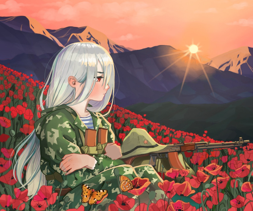 1girl afghanistan ak-47 assault_rifle bug butterfly camouflage camouflage_jacket camouflage_pants feet_out_of_frame flower grey_hair gun insect jacket kalashnikov_rifle light_machine_gun long_hair machine_gun magazine_(weapon) mountain original pants red_eyes red_flower red_sky rifle rpk-74 shirt sitting sky soldier solo soviet soviet_army striped_clothes striped_shirt sun sunset teaparty telnyashka unworn_headwear weapon