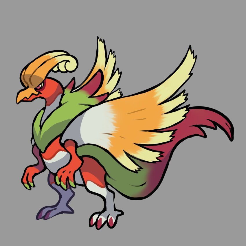 absurdres adoptable animal_focus colored_sclera commentary creatures_(company) english_commentary fakemon full_body game_freak gen_2_pokemon grey_background highres ho-oh legendary_pokemon nintendo no_humans original pokemon pokemon_(creature) pokemon_focus red_eyes rgreywind simple_background solo standing yellow_sclera