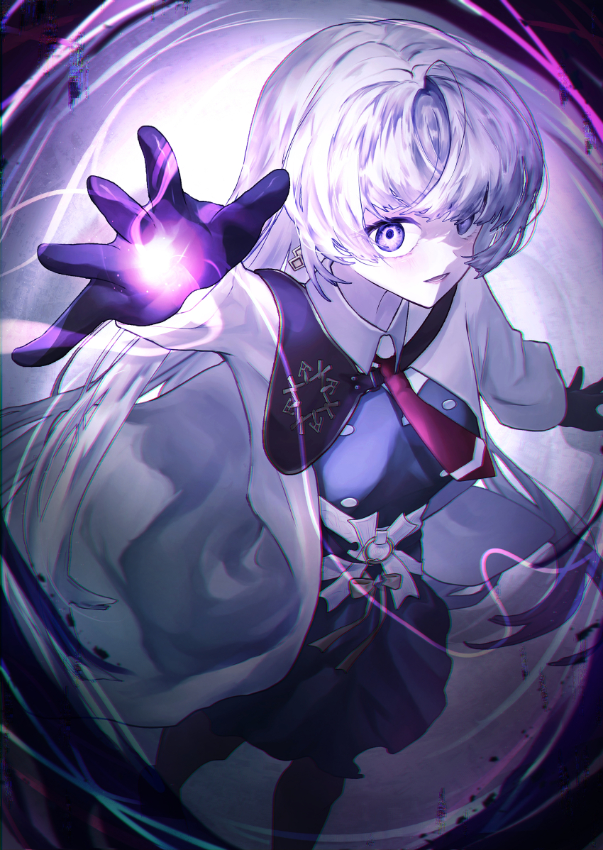 1girl absurdres arcaea black_gloves buttons collared_shirt commentary earrings empty_eyes from_above gloves highres insight_(arcaea) jewelry long_hair long_sleeves looking_at_viewer magic necktie o-ring pleated_skirt purple_eyes red_necktie ribbon shirt skirt solo swept_bangs user_mszt5738 very_long_hair white_hair