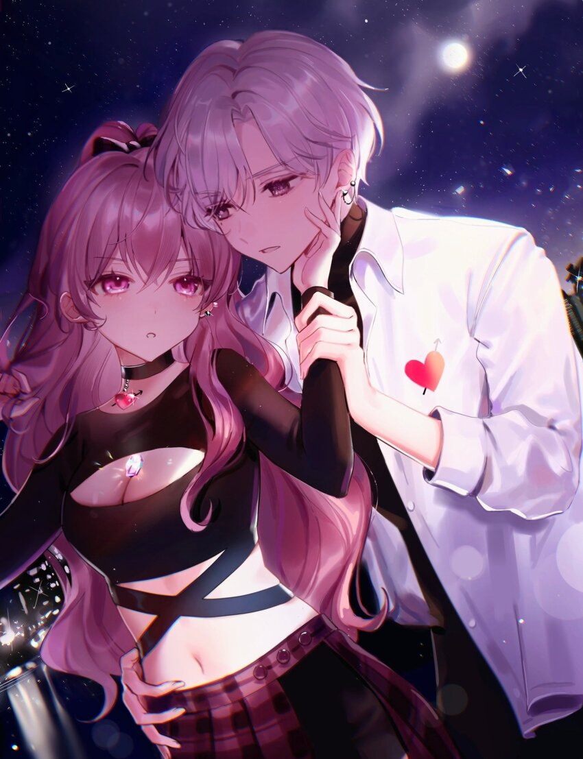 1boy 1girl breasts cleavage cleavage_cutout clothing_cutout coat crystal gem hair_between_eyes hand_on_another&#039;s_face heart-shaped_gem highres holding_another&#039;s_wrist long_hair long_sleeves looking_at_another medium_breasts midriff moon navel original parted_hair parted_lips pink_eyes pink_hair red_gemstone short_hair sky star_(sky) starry_sky very_long_hair wavy_hair white_coat white_hair yp1091