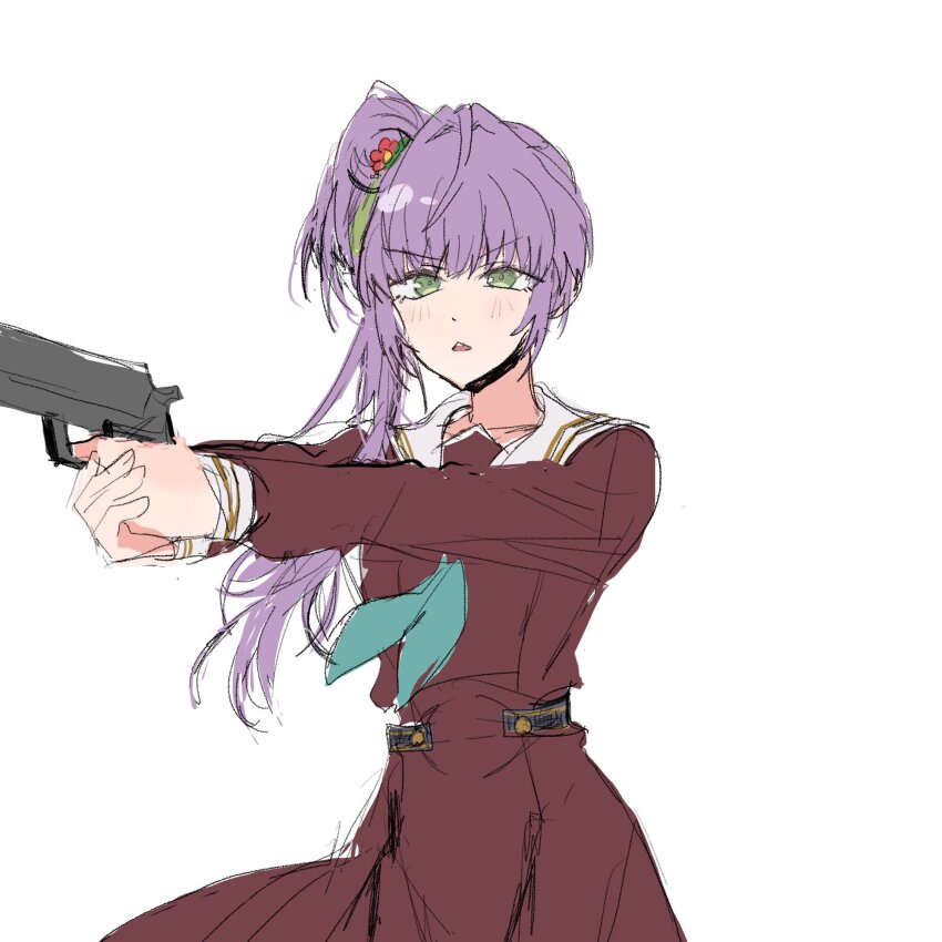 1girl :&lt; aqua_neckerchief blush brown_dress commentary cowboy_shot dress flower green_eyes gun hair_bun hair_flower hair_ornament hanamiya_nina handgun hasu_no_sora_school_uniform highres holding holding_gun holding_weapon junjun_(kimi-la) link!_like!_love_live! long_hair long_sleeves love_live! neckerchief open_mouth otomune_kozue purple_hair red_flower sailor_collar sailor_dress school_uniform side_ponytail sidelocks simple_background single_side_bun solo standing symbol-only_commentary tassel tassel_hair_ornament two-handed v-shaped_eyebrows virtual_youtuber voice_actor_connection weapon white_background white_sailor_collar winter_uniform