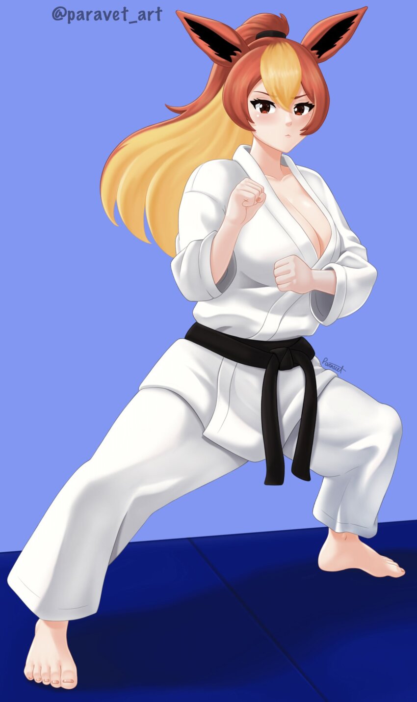 1girl animal_ears artist_name barefoot belt black_belt blonde_hair blue_background breasts cleavage clenched_hands closed_mouth collarbone dougi feet female_focus flareon gen_1_pokemon high_ponytail highres karate_gi large_breasts long_hair long_sleeves looking_at_viewer multicolored_hair nintendo paravet personification pokemon pokemon_(creature) ponytail red_eyes red_hair signature simple_background solo toenails toes twitter_username