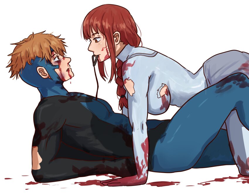 1boy 1girl absurdres blood bodysuit braid braided_ponytail chainsaw_man cosplay cropped_legs denji_(chainsaw_man) highres invincible_(character) invincible_(character)_(cosplay) invincible_(series) looking_at_another makima_(chainsaw_man) mouth_hold pluvion ringed_eyes simple_background torn_clothes