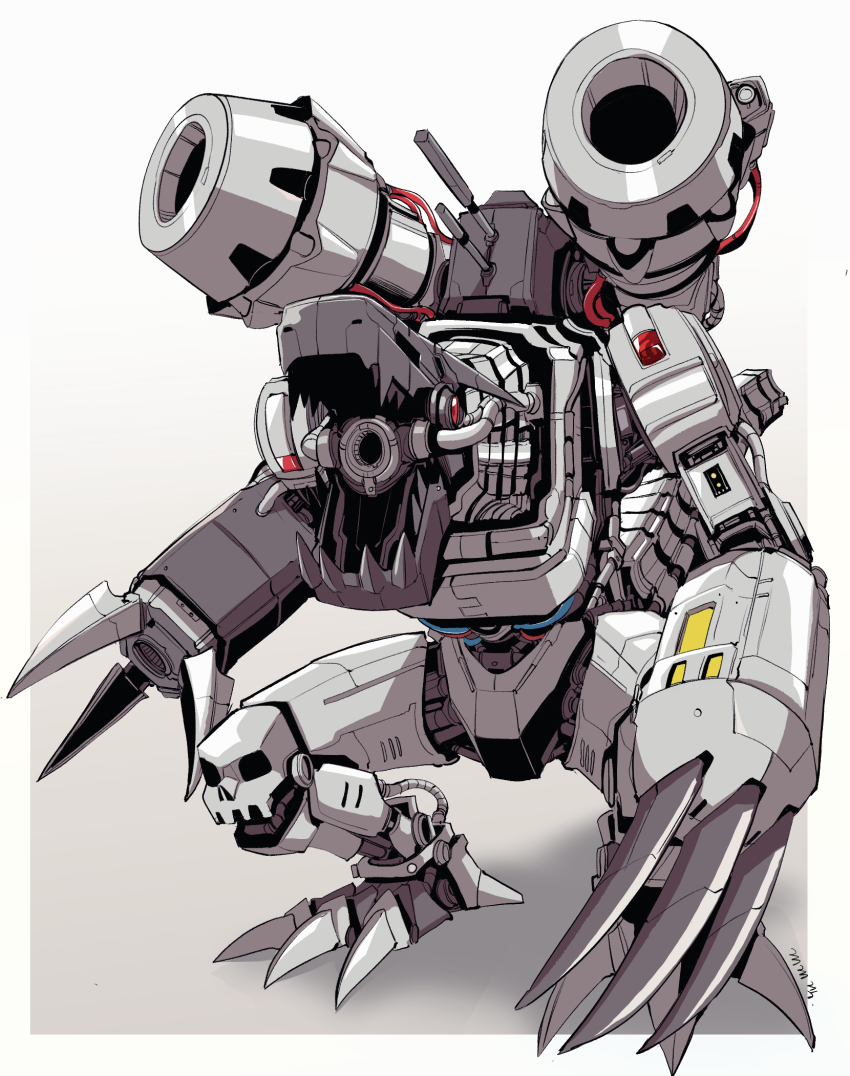 cable circuit claws digimon digimon_(creature) full_body gegegekman highres horns joints mecha mecha_focus monster mugendramon no_humans non-humanoid_robot open_mouth robot sharp_teeth shoulder_cannon simple_background skull solo tail teeth