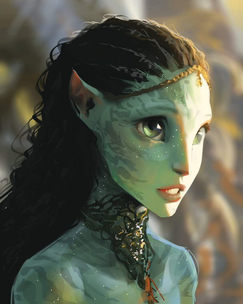 avatar_(2009_movie) black_hair character_request curly_hair dreadlocks facial_tattoo green_eyes highres james_cameron&#039;s_avatar light_particles long_hair neck_tattoo no_shirt open_mouth pointy_ears portrait sam_yang sparkling_eyes sunlight tattoo wide-eyed