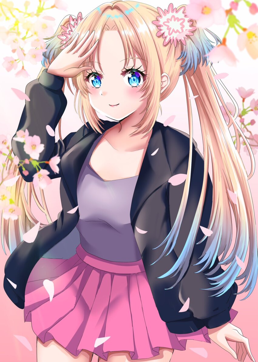 1girl arm_up black_jacket blonde_hair blue_hair blush breasts cherry_blossoms closed_mouth collarbone commentary_request cowboy_shot flower gradient_hair grey_shirt hair_flower hair_ornament highres jacket link!_like!_love_live! long_sleeves looking_at_viewer love_live! maymaru medium_breasts miniskirt multicolored_hair official_alternate_costume open_clothes open_jacket osawa_rurino osawa_rurino_(osanpo_nikki) pink_flower pink_skirt pleated_skirt shirt skirt smile solo virtual_youtuber white_background