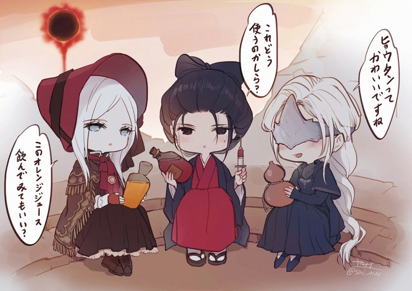 3girls black_dress black_eyes black_hair blindfold blonde_hair blood_vial bloodborne blue_eyes braid chibi coat coat_on_shoulders company_connection covered_eyes crossover dark_souls_(series) dark_souls_iii dress eclipse emma_the_gentle_blade estus_flask fire_keeper goth_fashion gourd hair_bun healing_gourd japanese_clothes kimono looking_at_viewer multiple_girls parted_bangs plain_doll red_kimono sekiro:_shadows_die_twice single_hair_bun sitting translation_request white_hair yasai_(getsu)