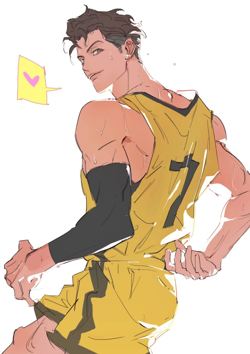 11114tai 1boy bare_shoulders basketball_jersey basketball_shorts basketball_uniform brown_eyes brown_hair chinese_commentary closed_mouth colored_speech_bubble commentary_request compression_sleeve earrings heart highres jewelry male_focus miyagi_ryouta multicolored_shirt multicolored_shorts piercing short_hair shorts sideburns sketch slam_dunk_(series) sleeveless solo sparkle speech_bubble spoken_heart sportswear striped_clothes striped_shorts stud_earrings sweat vertical-striped_clothes vertical-striped_shorts very_sweaty