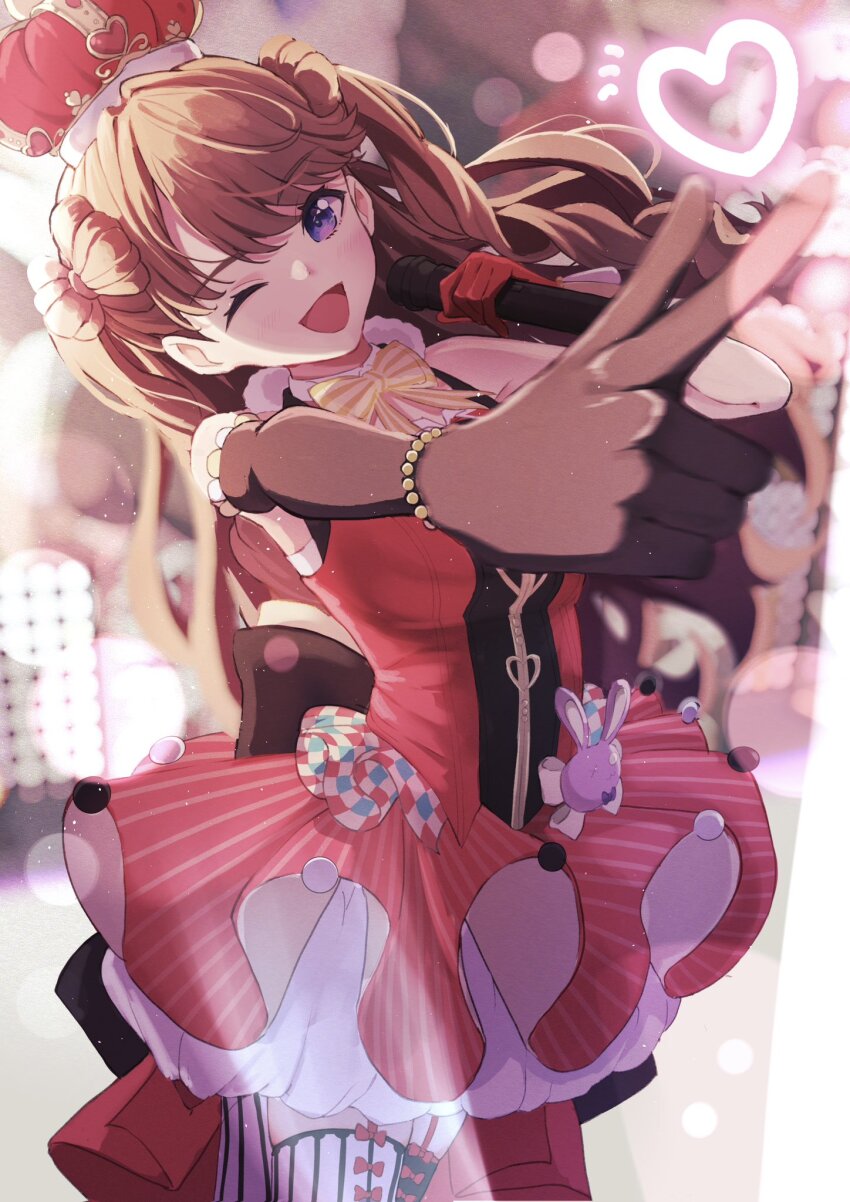 1girl ;d arched_crown asymmetrical_gloves bare_shoulders black_gloves black_thighhighs blush bow-shaped_hair breasts brown_hair commentary cowboy_shot crown dress elbow_gloves finger_gun fujishima_megumi garter_straps gloves highres holding holding_microphone link!_like!_love_live! love_live! marishiten_(mar1sh110) medium_breasts microphone mismatched_gloves mismatched_thighhighs official_alternate_costume official_alternate_hairstyle one_eye_closed open_mouth red_crown red_dress red_gloves single_elbow_glove sleeveless sleeveless_dress smile solo striped_clothes striped_thighhighs thighhighs two_side_up uneven_gloves vertical-striped_clothes vertical-striped_thighhighs virtual_youtuber white_thighhighs zenhoi_kyun