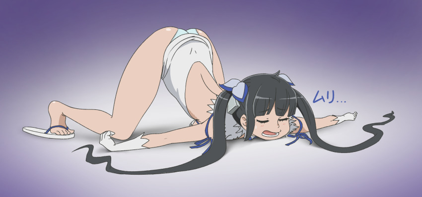 1girl ass black_hair blue_ribbon dress dungeon_ni_deai_wo_motomeru_no_wa_machigatteiru_darou_ka flip-flops gloves hair_ribbon hestia_(danmachi) highres jack-o&#039;_challenge long_hair meme open_mouth pencil_dress rei_no_himo ribbon sandals sleeping solo top-down_bottom-up twintails type_x white_dress white_gloves