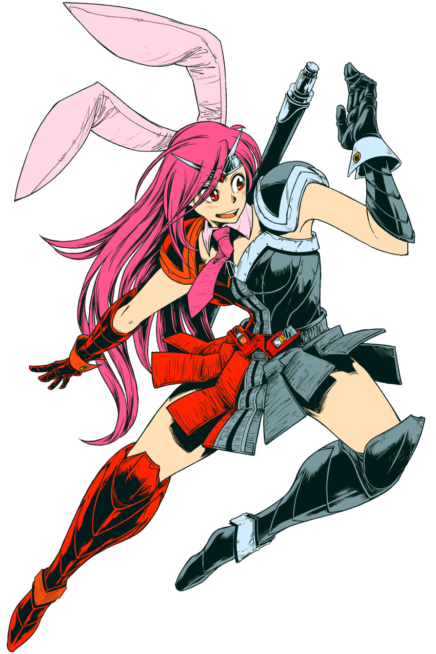 1girl animal_ears armor armored_boots armored_dress boots collar commentary_request cookie_(touhou) cosplay detached_collar dress full_body gauntlets highres hisui_(cookie) jumping kamen_rider kamen_rider_double kamen_rider_double_(cosplay) kamen_rider_double_(heat/metal) kamen_rider_w long_hair looking_afar necktie open_mouth pauldrons pink_collar pink_hair pink_necktie rabbit_ears rabbit_girl red_armor red_eyes reisen_udongein_inaba shoulder_armor simple_background smile solo touhou ukiwagirl very_long_hair
