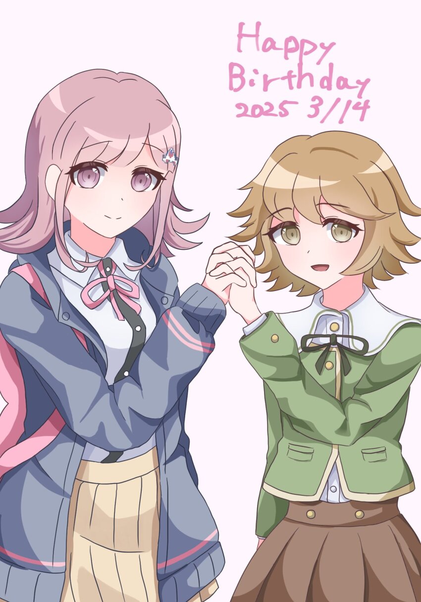 1boy 1girl birthday_connection black_jacket black_shirt brown_eyes brown_hair brown_skirt danganronpa:_trigger_happy_havoc danganronpa_(series) danganronpa_2:_goodbye_despair flipped_hair fujisaki_chihiro green_jacket happy_birthday highres holding_hands jacket nanami_chiaki open_clothes open_jacket pink_eyes pink_ribbon pleated_skirt ribbon shirt skirt smile standing two-tone_shirt white_shirt yu_yu_yu