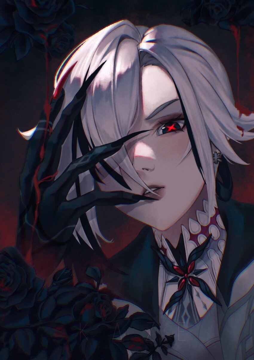 1girl absurdres arlecchino_(genshin_impact) attakaikazeart black_eyes black_gloves black_hair blood commentary dark_background fingernail_gloves fingernails genshin_impact gloves hand_on_own_face highres lips long_fingernails looking_at_viewer multicolored_hair parted_lips portrait red_pupils sharp_fingernails short_hair solo streaked_hair symbol-shaped_pupils white_hair x-shaped_pupils