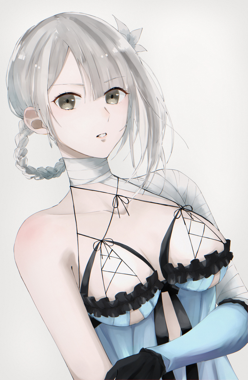 1girl absurdres asymmetrical_bangs bandaged_arm bandaged_neck bandages braid braided_hair_rings breasts collarbone commentary_request flower grey_eyes grey_hair hair_flower hair_ornament hair_rings highres kaine_(nier) large_breasts lingerie looking_at_viewer nana28_tteyatu_(nanakusagayu_28) negligee nier nier_(series) parted_bangs parted_lips solo underwear upper_body white_flower