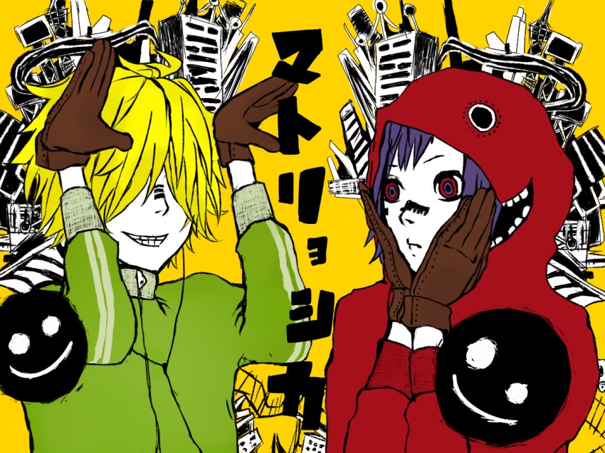 androgynous arcobaleno belphegor_(reborn) colored_skin hair_over_eyes katekyo_hitman_reborn! male_focus mammon_(reborn) multiple_boys short_hair tiara vocaloid white_skin yellow_background