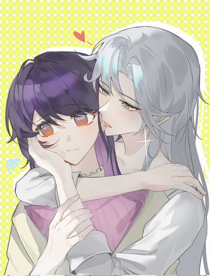2girls arms_around_neck chinese_commentary closed_mouth commentary_request ear_licking earrings green_eyes hand_on_another&#039;s_face heart highres hoop_earrings hug hug_from_behind iris_wen jewelry koaok licking long_hair love_curse:_find_your_soulmate multiple_girls orange_eyes outline pink_sweater purple_hair selene_yan squiggle sweater tongue tongue_out upper_body white_hair white_outline yellow_background yuri