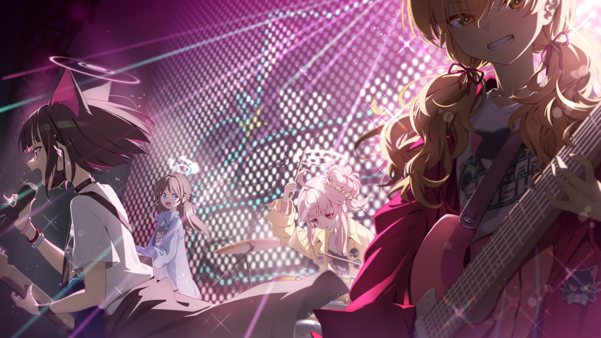 4girls absurdres after-school_sweets_club_(blue_archive) airi_(band)_(blue_archive) airi_(blue_archive) animal_ears black_choker blonde_hair blue_archive blue_eyes brown_hair choker drum drumsticks green_halo guitar halo highres hj_penguin instrument jacket kazusa_(band)_(blue_archive) kazusa_(blue_archive) long_hair mask medium_hair microphone multiple_girls natsu_(band)_(blue_archive) natsu_(blue_archive) open_mouth pink_hair pink_halo pink_jacket red_eyes shirt smile twintails white_shirt wreck-it_ralph yellow_eyes yellow_jacket yoshimi_(band)_(blue_archive) yoshimi_(blue_archive)