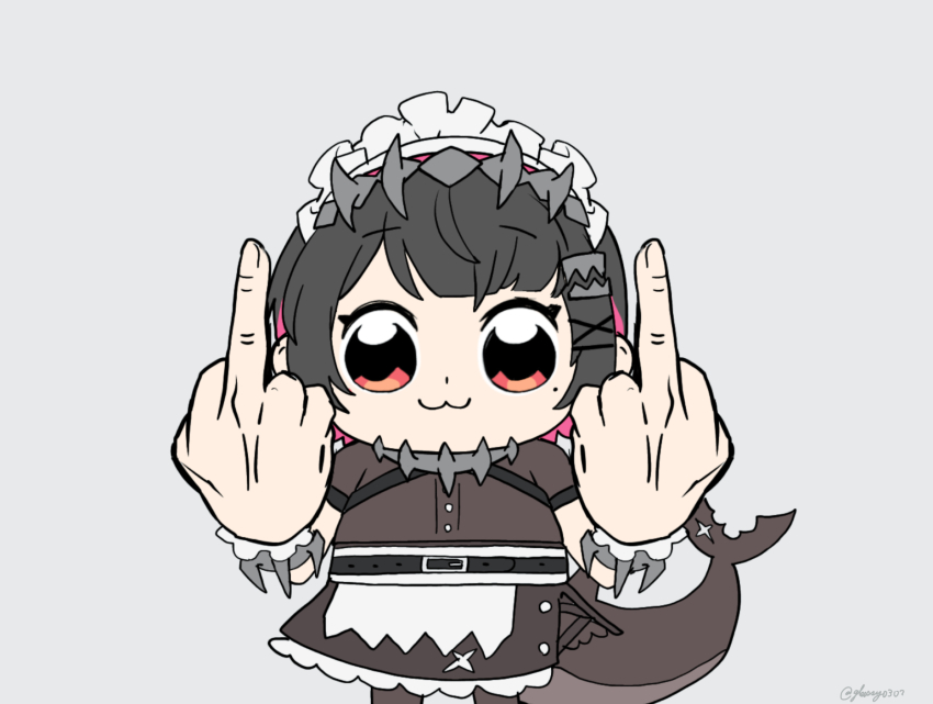 1girl :3 bkub_(style) black_dress black_hair chibi collar dress ellen_joe feet_out_of_frame fins fish_tail glassy0302 grey_background highres looking_at_viewer maid maid_headdress middle_finger moechakkafire poptepipic red_eyes shark_girl shark_tail solo spiked_collar spikes tail zenless_zone_zero