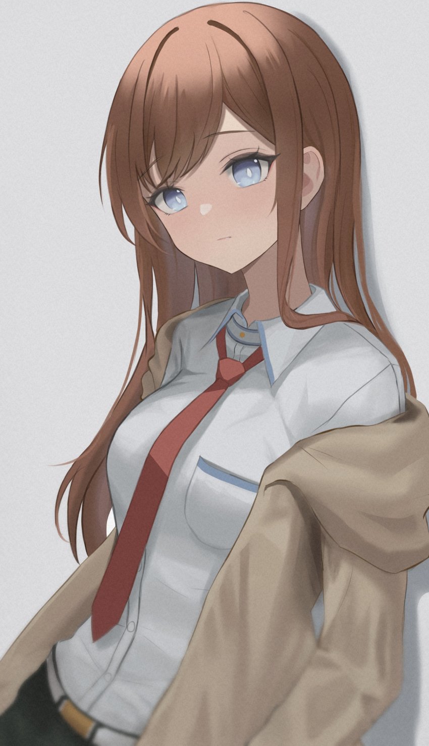 1girl absurdres blouse blue_eyes brown_hair brown_jacket closed_mouth collared_shirt dress_shirt grey_background highres jacket long_hair long_sleeves makise_kurisu necktie open_clothes open_jacket red_necktie shirt simple_background solo steins;gate straight_hair ttusee5 upper_body white_shirt wing_collar