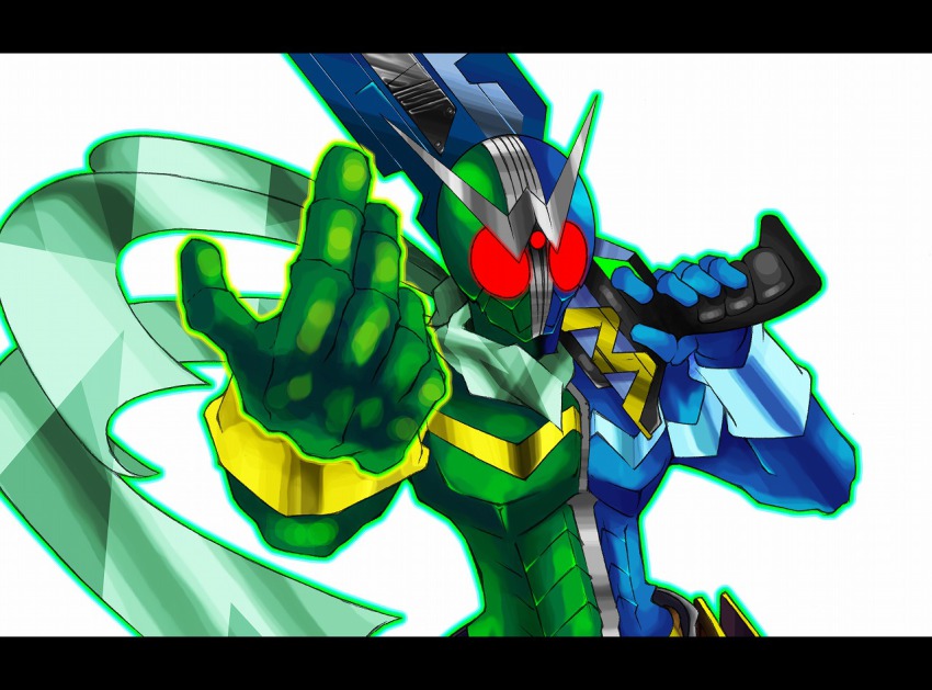 antennae foreshortening gun kamen_rider kamen_rider_double kamen_rider_w letterboxed male_focus marimo_jun scarf solo weapon