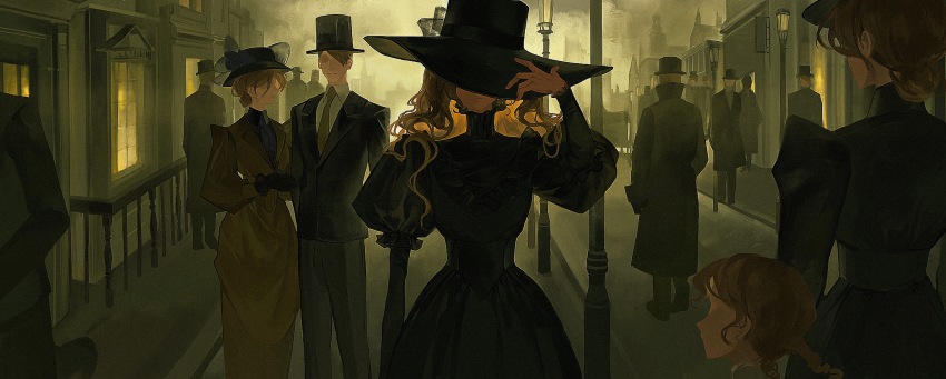 6+boys 6+girls absurdres black_coat black_dress black_footwear black_headwear black_pants braid building child chinese_commentary coat covered_eyes dress faceless faceless_female faceless_male formal_clothes hair_bun hand_on_headwear hand_up hat hat_over_eyes highres lamppost layered_sleeves long_hair long_sleeves multiple_boys multiple_girls neckerchief original outdoors pants puffy_short_sleeves puffy_sleeves railing road shoes short_hair short_over_long_sleeves short_sleeves single_hair_bun solo_focus street suit sun_hat top_hat twin_braids twintails updo victorian walking window yaqing yellow_dress yellow_neckerchief