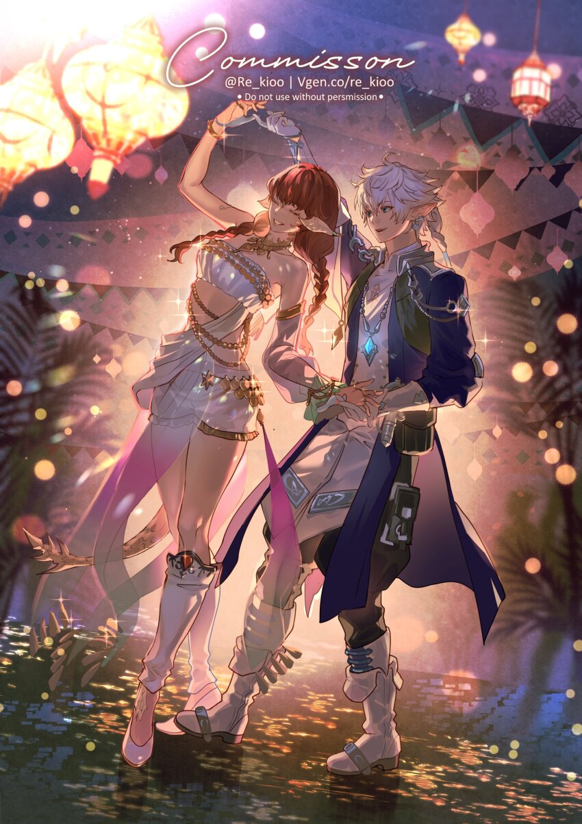 1boy 1girl absurdres alphinaud_leveilleur blue_coat blue_eyes boots braid character_request closed_eyes coat commentary commission dancing english_text final_fantasy final_fantasy_xiv full_body grin highres long_hair open_mouth pointy_ears re_kio red_hair shoes shorts smile teeth upper_teeth_only vgen_commission white_boots white_hair white_shoes white_shorts