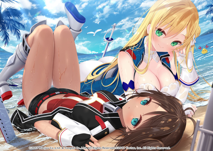 2girls armored_boots azur_lane beach belt bird black_gloves black_shorts blonde_hair blue_eyes boots breasts brown_hair cleavage closed_mouth cloud elbow_gloves fingerless_gloves forbin_(azur_lane) gloves green_eyes large_breasts le_mars_(azur_lane) long_hair lying manjuu_(azur_lane) multiple_girls navel ocean on_back palm_leaf red_belt seagull short_hair shorts sky smile sword weapon wet white_gloves yano_mitsuki_(nanairo)