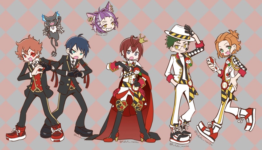 6+boys ace_trappola animal_ears argyle_background black_eyes blue_eyes blue_hair cape cat_boy cat_ears cater_diamond che&#039;nya commentary_request creature crown deuce_spade full_body funuyu green_eyes green_hair grey_background grim_(twisted_wonderland) hand_on_own_chest hat jacket mini_crown multiple_boys night_raven_college_uniform orange_hair purple_hair red_background red_cape red_eyes red_hair riddle_rosehearts short_hair standing trey_clover twisted_wonderland white_jacket yellow_eyes