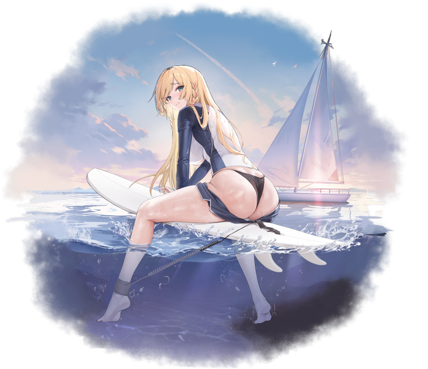 1girl ass azur_lane back barefoot bikini bikini_bottom_only bikini_under_shorts black_bikini black_bikini blonde_hair blue_eyes blush boat bodysuit bound braid breasts byulzzi closed_mouth clothes_pull cloud day diving_suit feet from_behind full_body hair_between_eyes highres kongou_(azur_lane) kongou_(troubled_seas)_(azur_lane) large_breasts legs logo long_hair long_sleeves looking_at_viewer looking_back non-web_source ocean official_alternate_costume official_art outdoors rash_guard sailboat short_shorts shorts shorts_pull sitting sky soles solo surfboard surfing swimsuit swimsuit_under_clothes thighs thong_bikini underwear water watercraft wet wet_clothes wetsuit