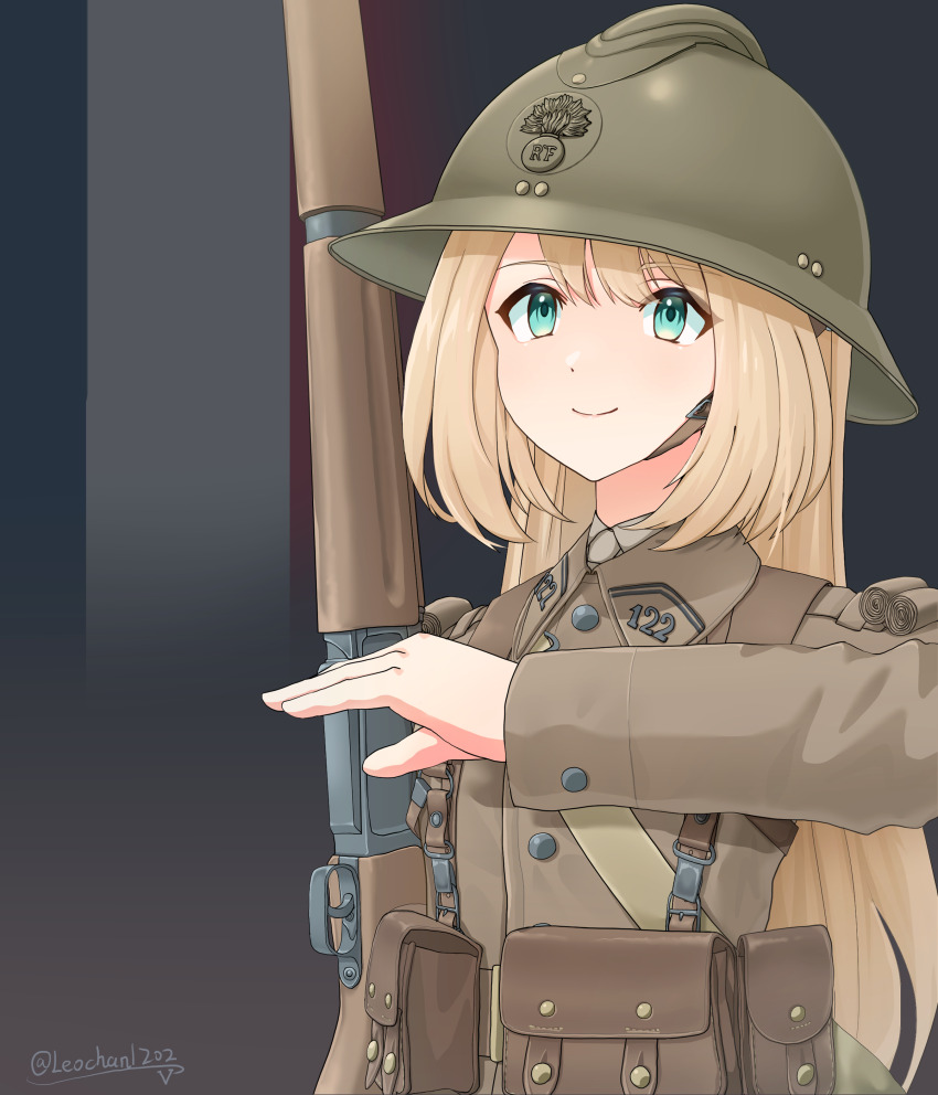 1girl absurdres ammunition_pouch aqua_eyes arm_up artist_name belt blonde_hair bolt_action brown_belt brown_jacket brown_shirt closed_mouth combat_helmet commentary flag_background france french_army french_flag green_hat gun hair_between_eyes hat helmet highres holding jacket leochan1202 long_hair long_sleeves mas-36 military military_combat_uniform military_uniform original pouch rifle salute shirt smile soldier solo upper_body weapon world_war_ii