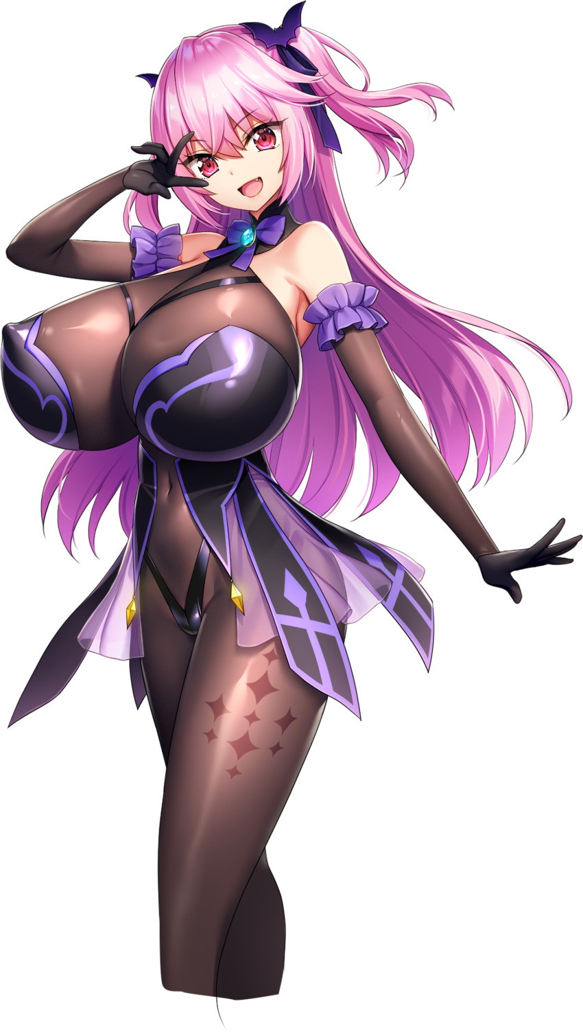 :d absurdres black_ribbon bodysuit bow bowtie breasts cleavage covered_navel demon_wings derauea elbow_gloves fang gloves hair_ribbon highres huge_breasts impossible_bodysuit impossible_clothes long_hair luxual_hellmare motto!_haramase!_honoo_no_oppai_isekai_chou_ero_succubus_gakuen! official_art open_mouth pink_hair purple_bow purple_bowtie red_eyes ribbon see-through_bodystocking short_twintails smile transparent_background twintails v v_over_eye wings