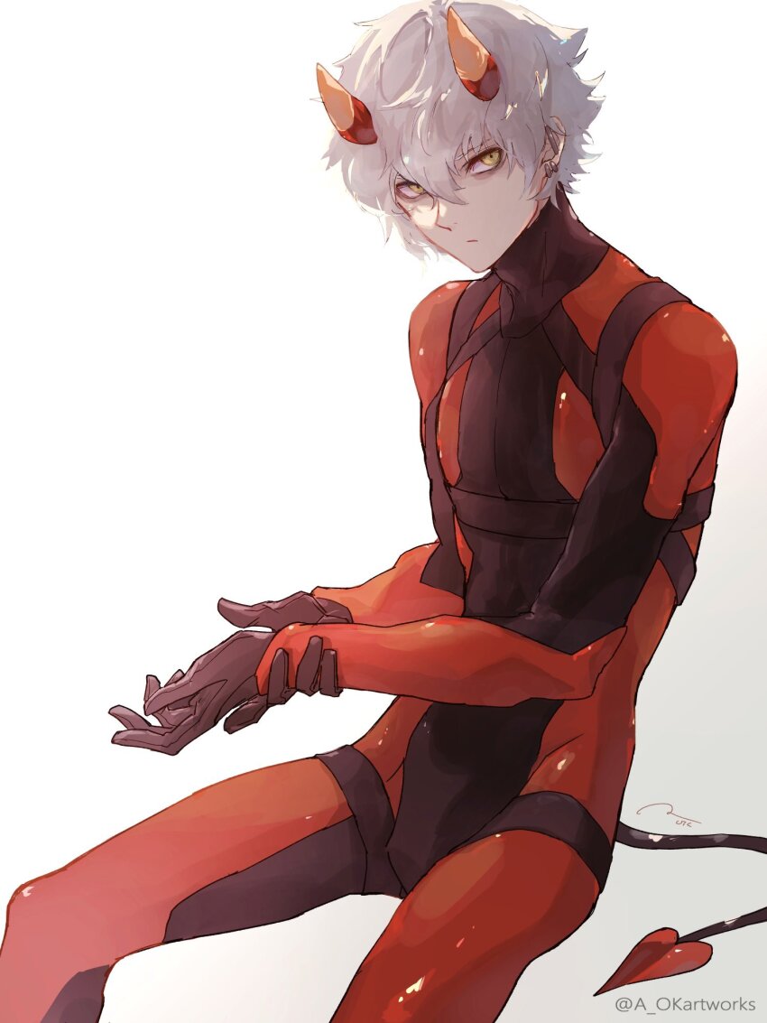 1boy aopix_001 black_bodysuit bodysuit demon_horns demon_tail fate/final_journey fate/grand_order fate_(series) highres horns kadoc_zemlupus looking_at_viewer male_focus red_bodysuit short_hair simple_background sitting solo tail two-tone_bodysuit white_background white_hair yellow_eyes