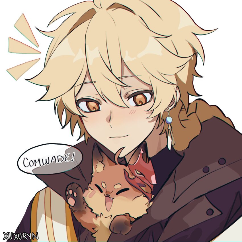 1boy aether_(genshin_impact) ahoge animal animal_ear_fluff animal_ears animal_nose animalization artist_name black_shirt blonde_hair braid brown_jacket buttons closed_eyes closed_mouth commentary earrings english_commentary english_text fang fox fox_ears genshin_impact hair_between_eyes highres jacket jewelry lapels long_hair looking_at_animal looking_down male_focus mask mask_on_head notice_lines open_clothes open_jacket open_mouth orange_eyes orange_fur red_mask shirt simple_background single_earring smile speech_bubble tartaglia_(genshin_impact) turtleneck upper_body white_background xuxuryn