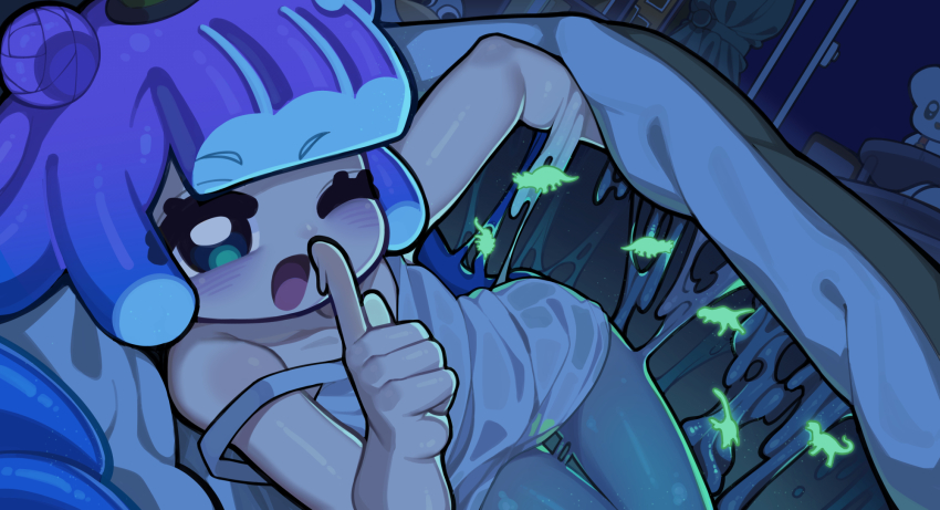 1girl aqua_eyes blunt_bangs collarbone commentary_request double_bun dress gradient_hair hair_bun highres index_finger_raised indoors kotoba_(1074421015) lifting_covers long_hair looking_at_viewer lying monster_girl multicolored_hair on_side one_eye_closed open_mouth pink_hair puniru_(puniru_wa_kawaii_slime) puniru_wa_kawaii_slime purple_hair sidelocks sleeveless sleeveless_dress slime_(substance) slime_girl smile solo strap_slip thigh_gap two-tone_hair under_covers white_dress