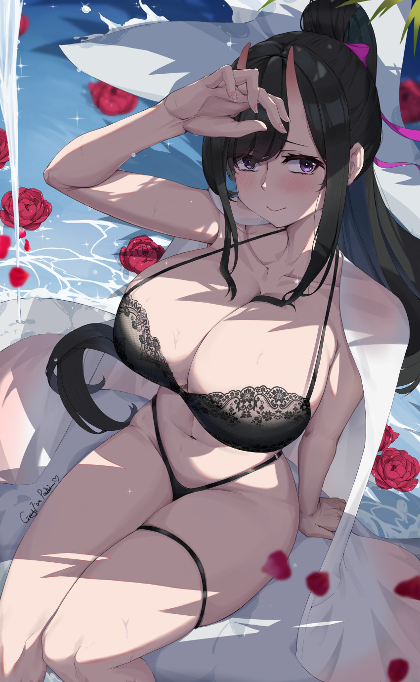 1girl absurdres alternate_breast_size artist_name azur_lane black_bra black_hair black_panties bra breasts cleavage falling_petals flower grayfoxpochi high_ponytail highres horns lace lace-trimmed_bra lace_trim large_breasts long_hair mixed-language_commentary open_clothes open_shirt panties petals ponytail purple_eyes red_flower red_rose rose ryuuhou_(azur_lane) shirt sitting thigh_strap underwear very_long_hair water white_shirt