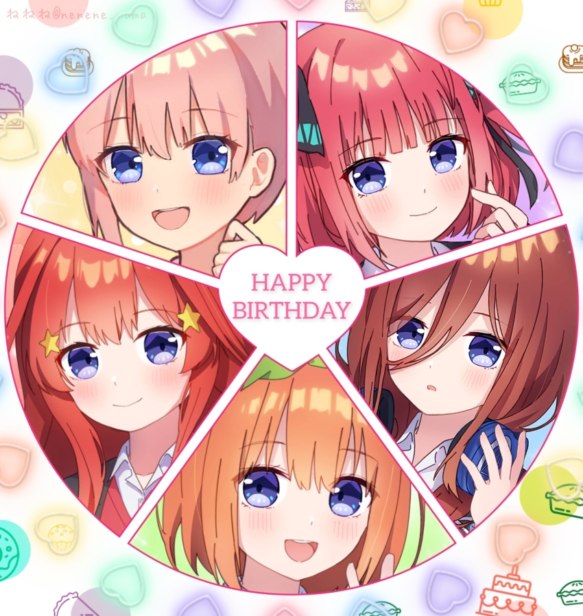 5girls :d black_ribbon blue_eyes blunt_bangs blush brown_hair closed_mouth collared_shirt commentary_request go-toubun_no_hanayome hair_between_eyes hair_ornament hair_ribbon happy_birthday headphones headphones_around_neck heart highres long_hair looking_at_viewer multiple_girls nakano_ichika nakano_itsuki nakano_miku nakano_nino nakano_yotsuba nene_man open_mouth orange_hair parted_lips pink_hair red_hair ribbon shirt short_hair smile star_(symbol) star_hair_ornament teeth upper_teeth_only white_shirt
