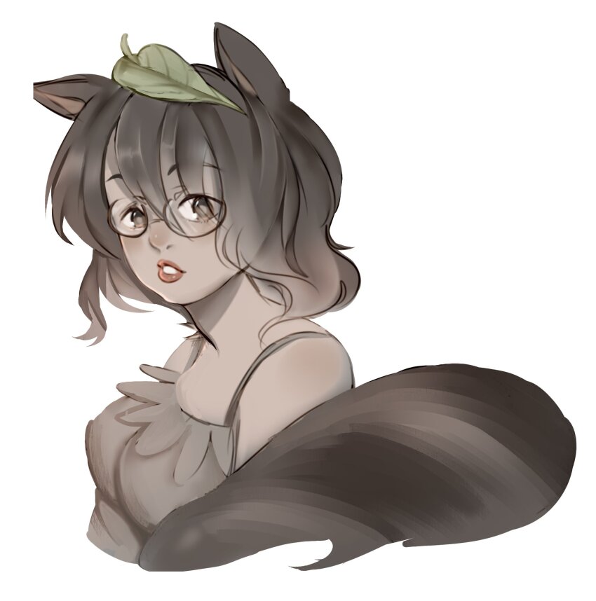 1girl alternate_skin_color animal_ears bad_id bad_twitter_id bare_shoulders black-framed_eyewear breasts brown_eyes brown_hair brown_tank_top commentary cropped_torso dark-skinned_female dark_skin english_commentary expressionless frilled_tank_top futatsuiwa_mamizou glasses hair_between_eyes highres large_breasts leaf leaf_on_head light_blush lipstick looking_at_viewer luo_qiangwei makeup open_mouth raccoon_ears raccoon_tail red_lips round_eyewear short_hair simple_background solo spaghetti_strap tail tank_top teeth touhou wavy_hair white_background